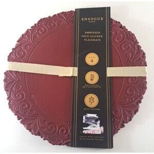 New Envogue Placemats Set of 4 Faux Leather Burgundy Floral Embossed 15" NWT